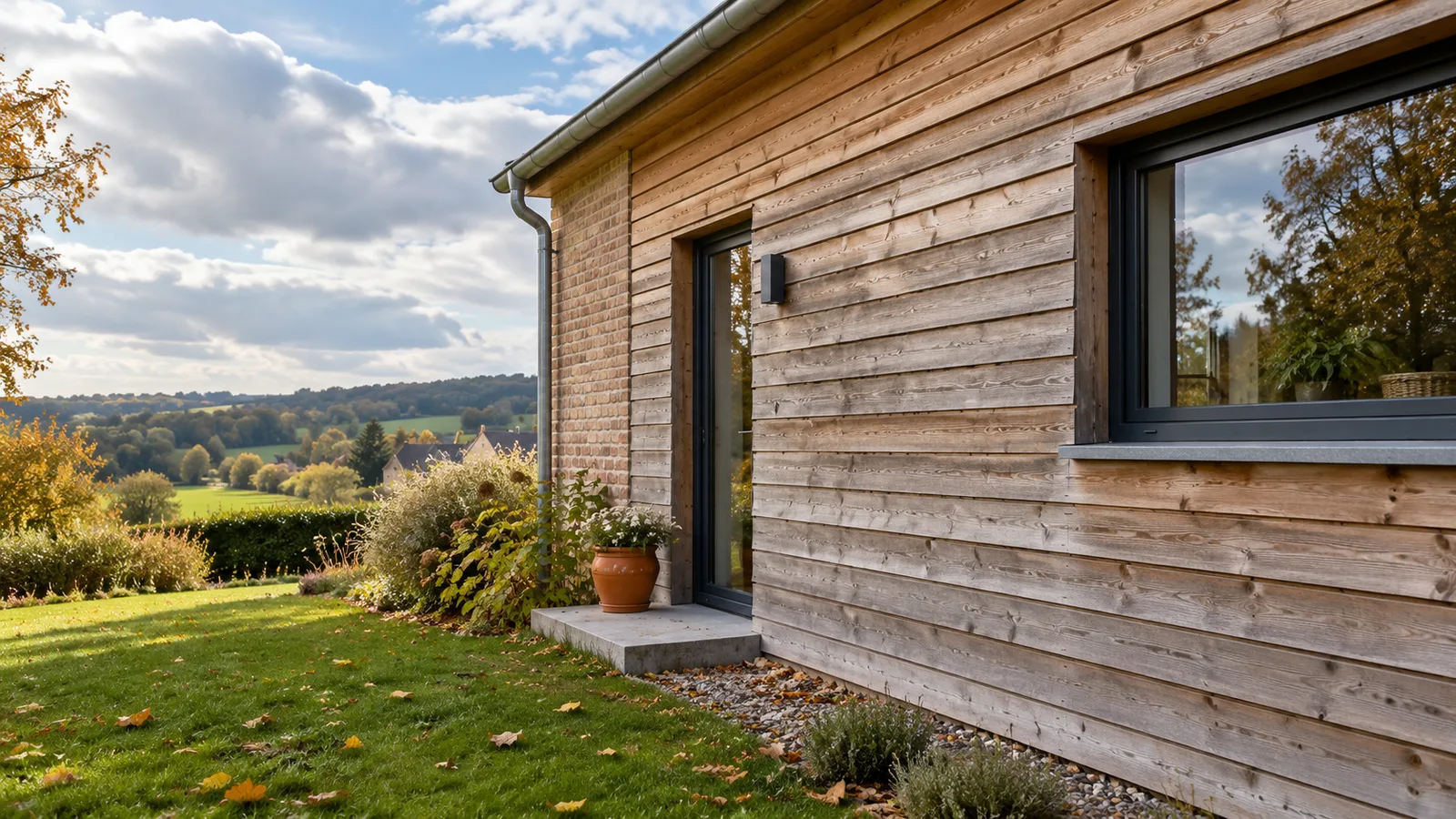 Façade de maison en brique habillée d'un bardage bois en lames horizontales