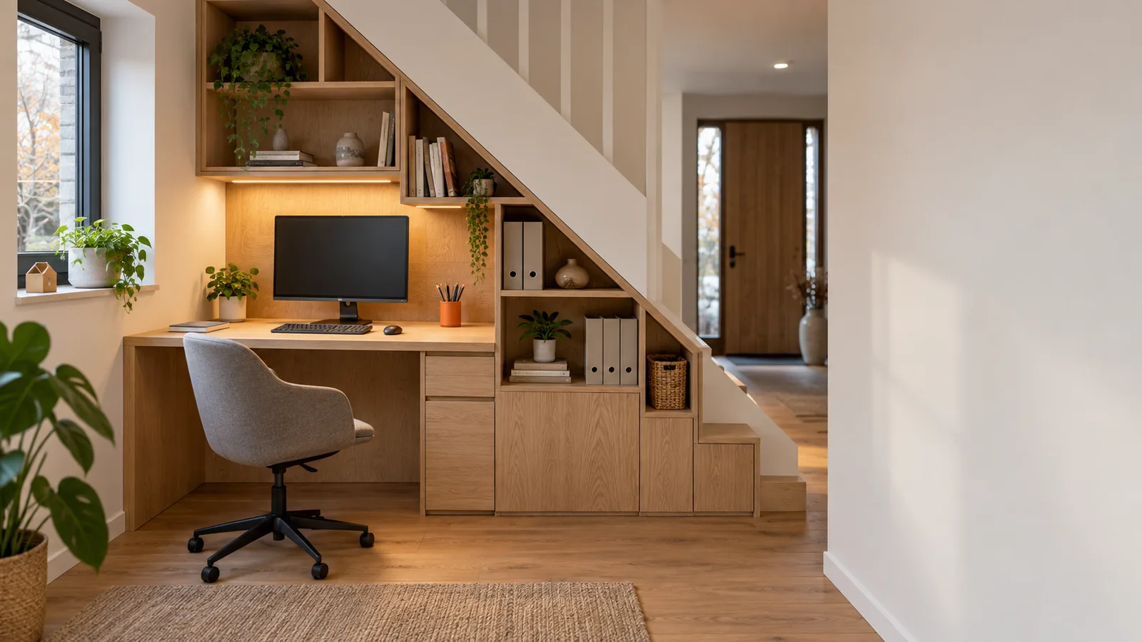 Bureau en chêne sur mesure aménagé sous la pente d'un escalier