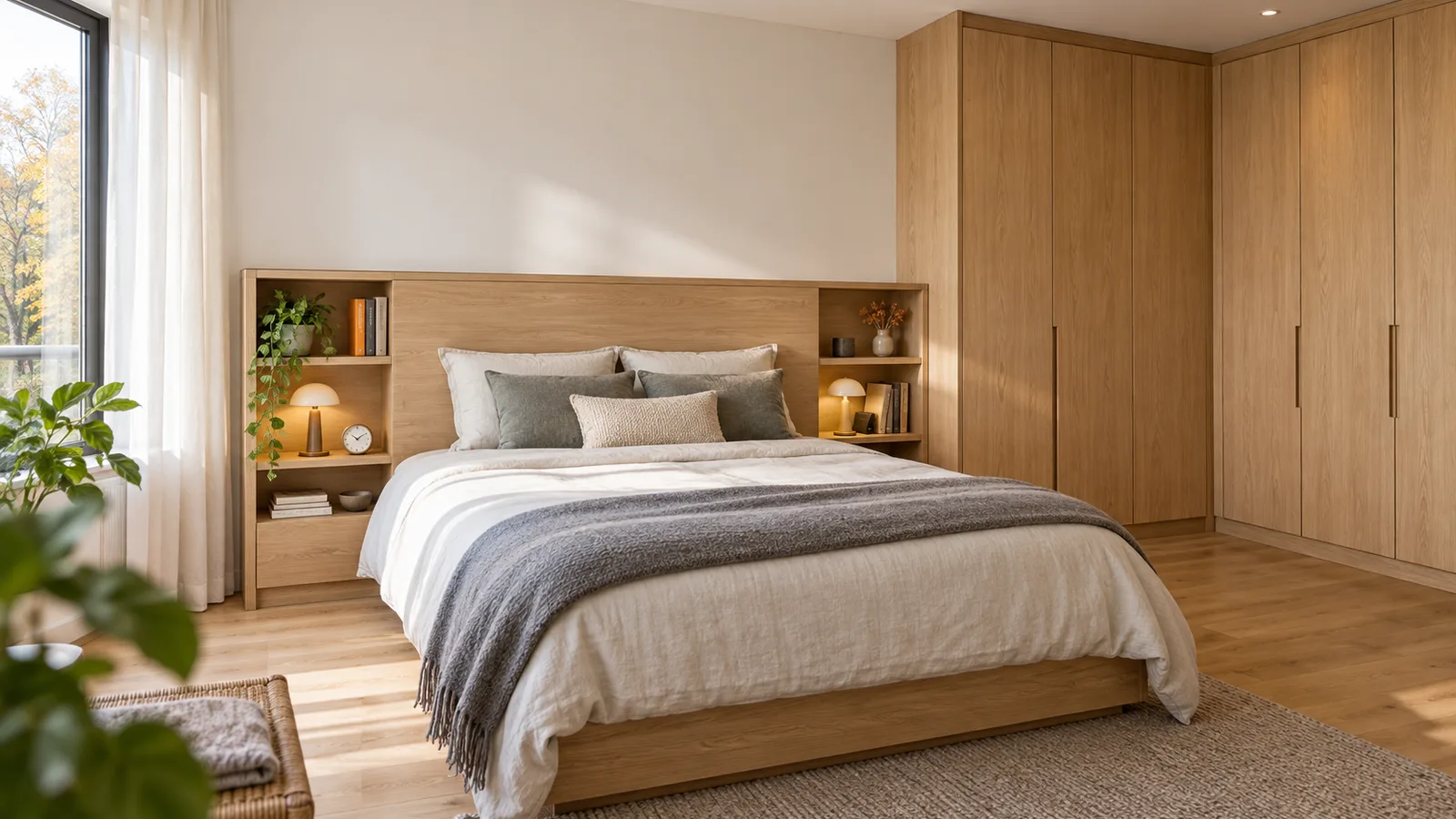 Chambre aménagée d'une tête de lit en chêne à niches