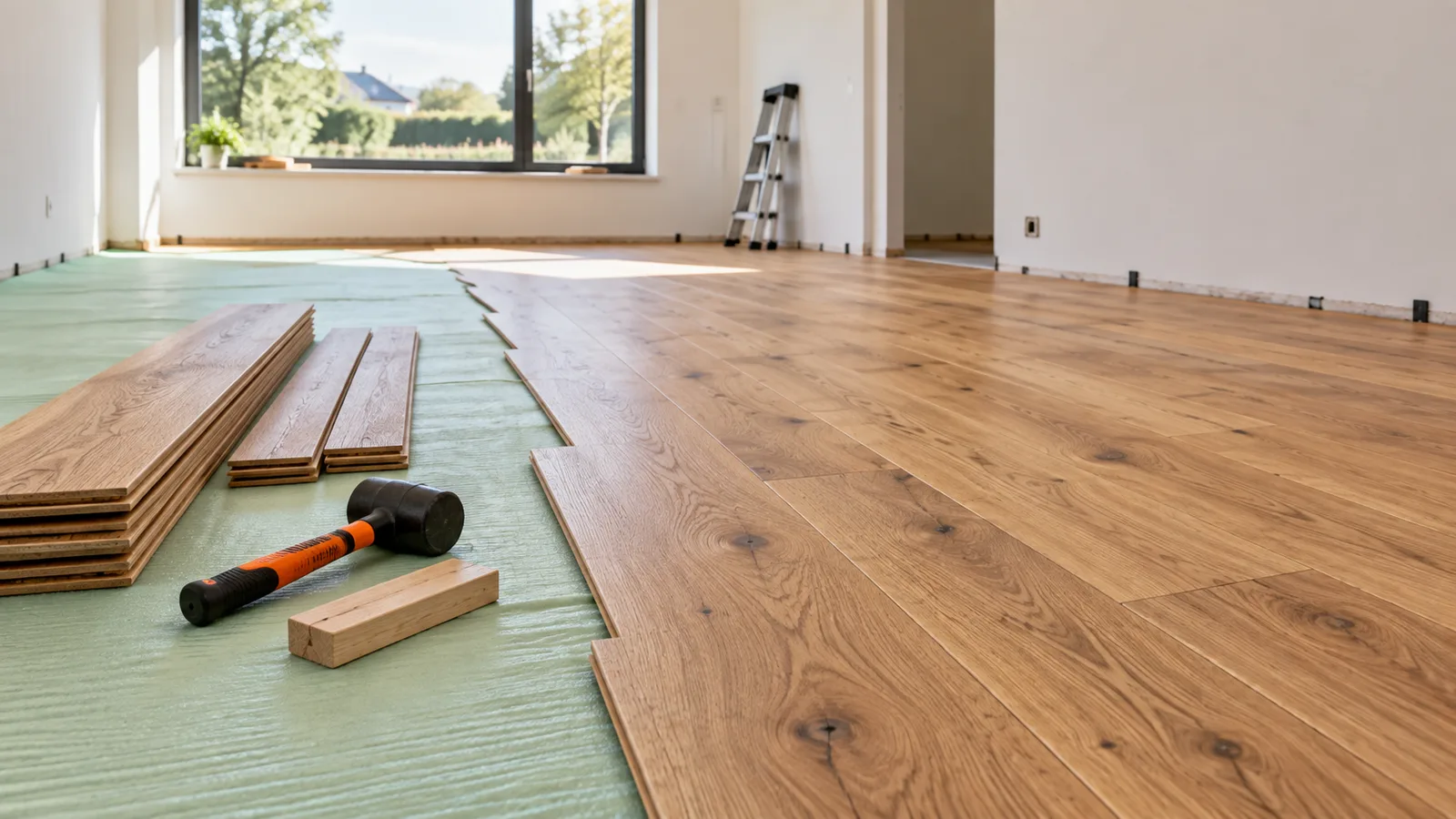 Salon en rénovation avec parquet chêne massif posé à moitié