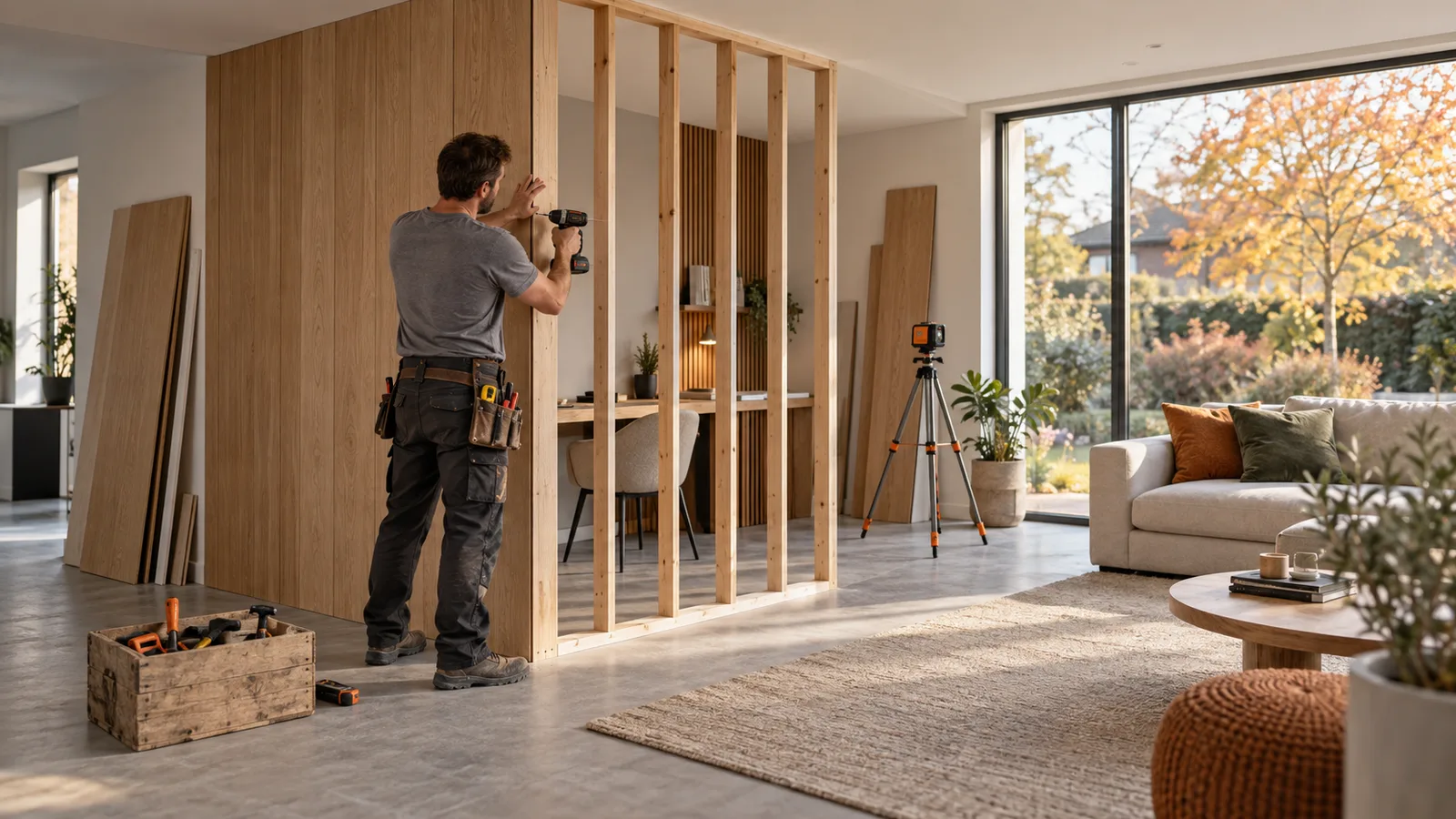 Menuisier vissant les panneaux d'une cloison bois sur mesure