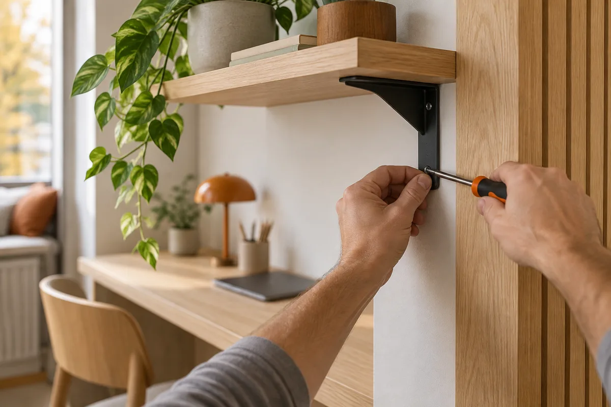 Mains fixant une équerre d'étagère au mur d'un bureau