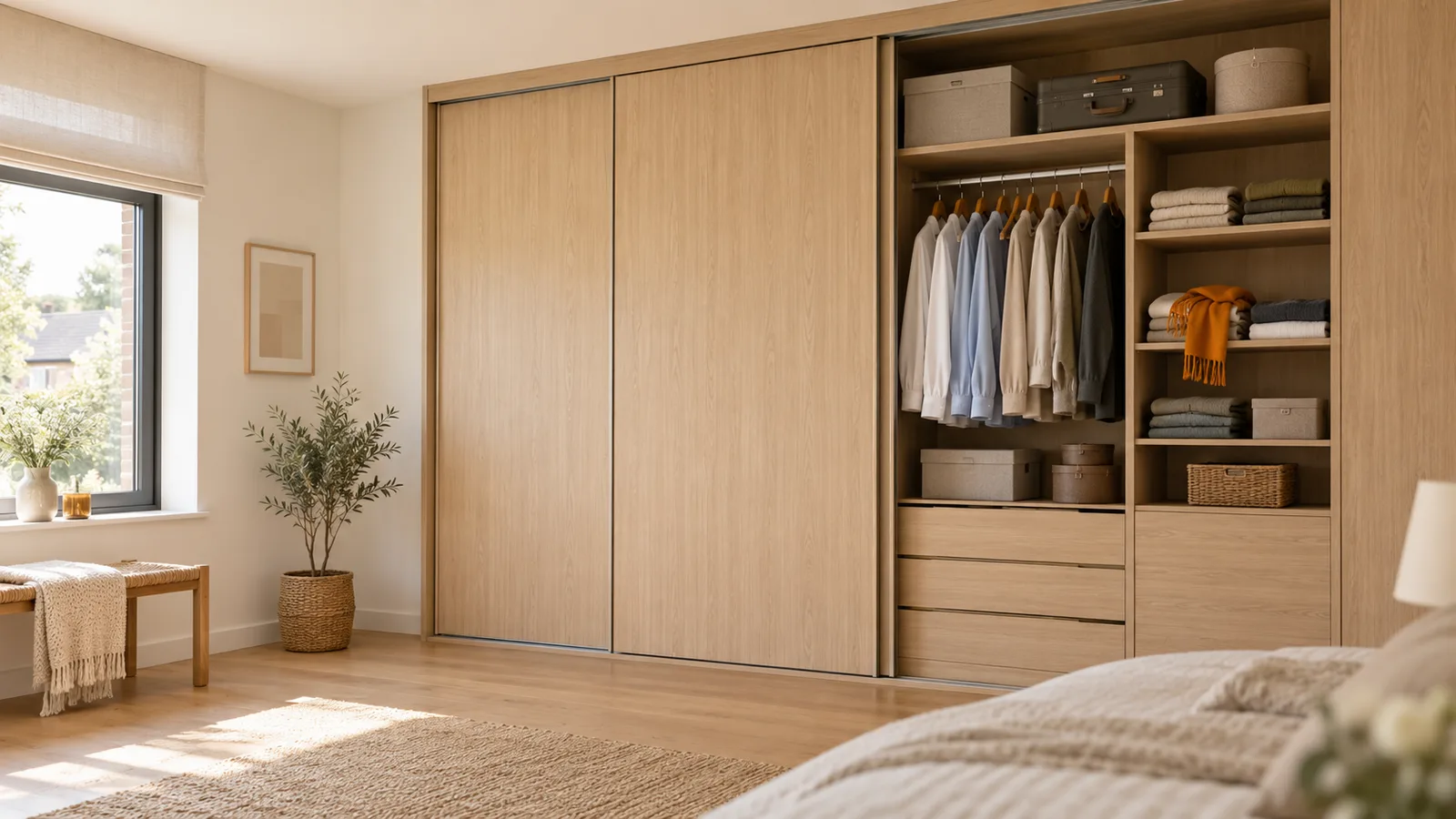 Dressing sur mesure en chêne clair avec portes coulissantes ouvertes