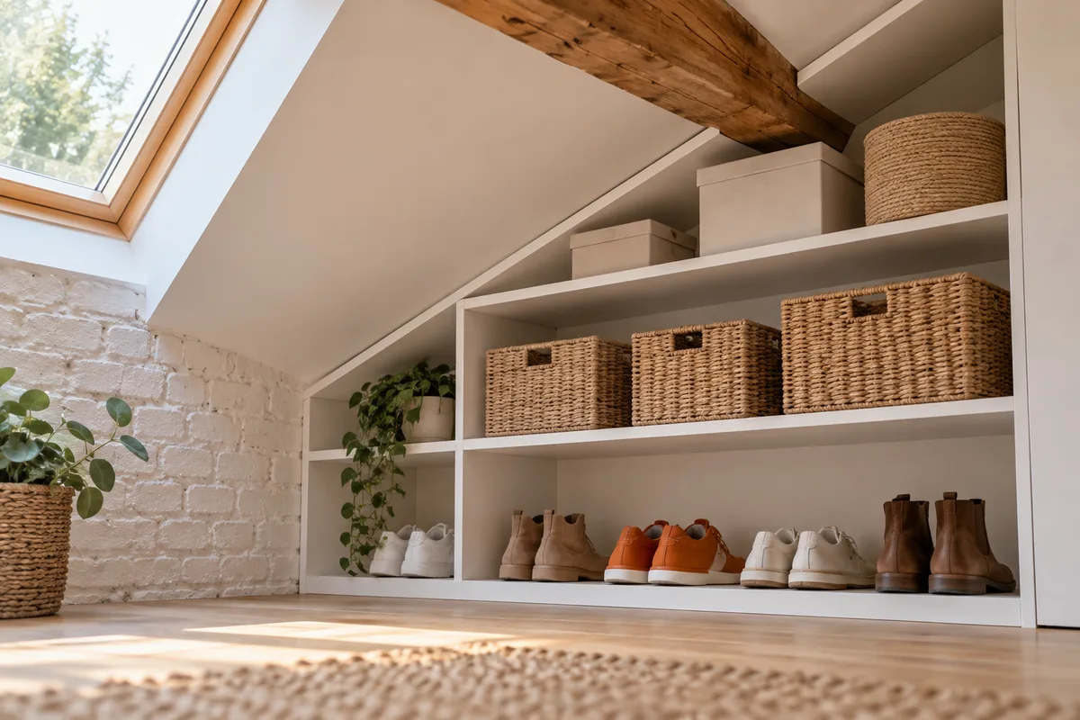Rangement sur mesure aménagé sous une pente de toit