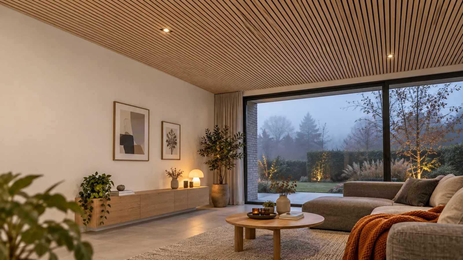 Plafond habillé de fines lamelles de bois clair dans un salon