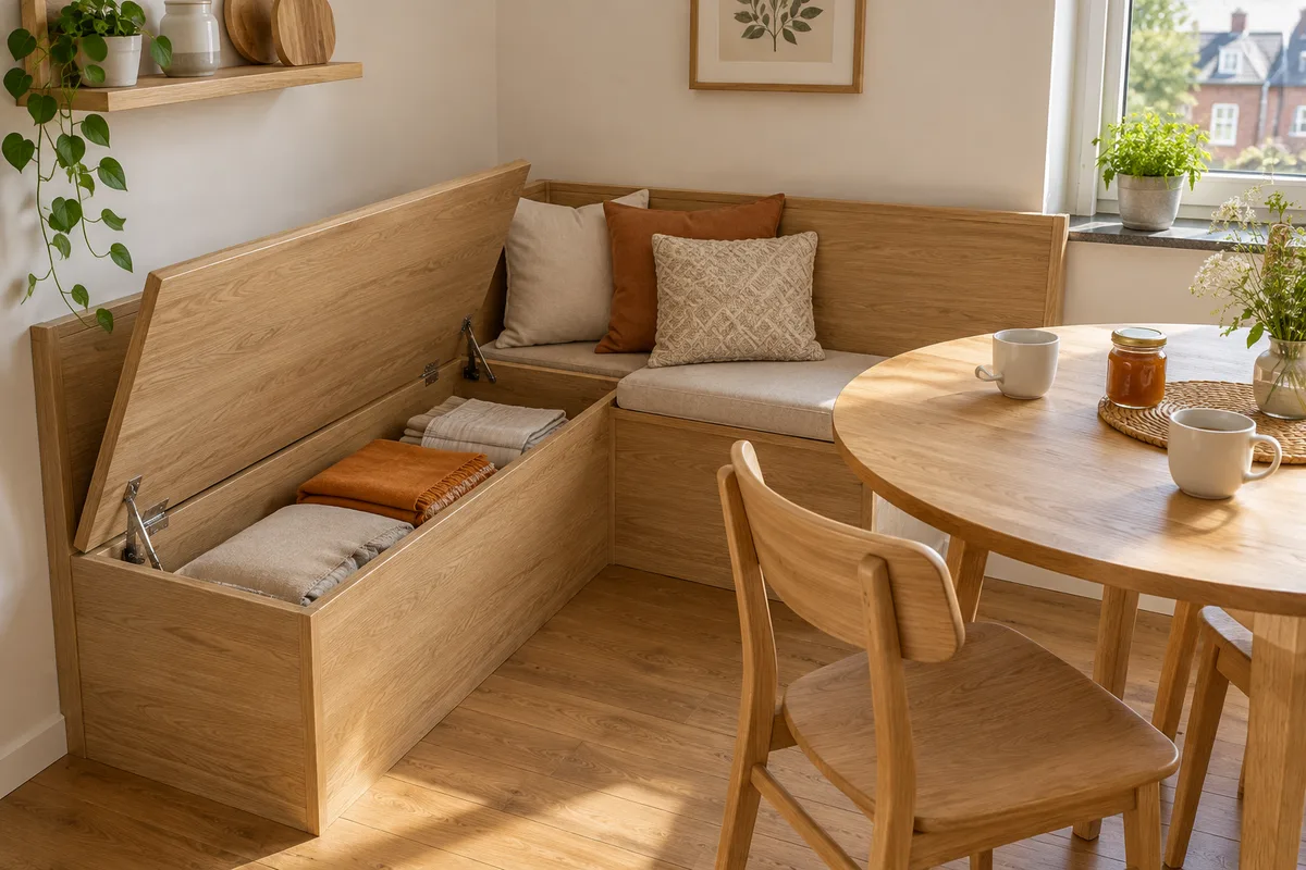 Banquette en chêne clair avec coffre de rangement ouvert