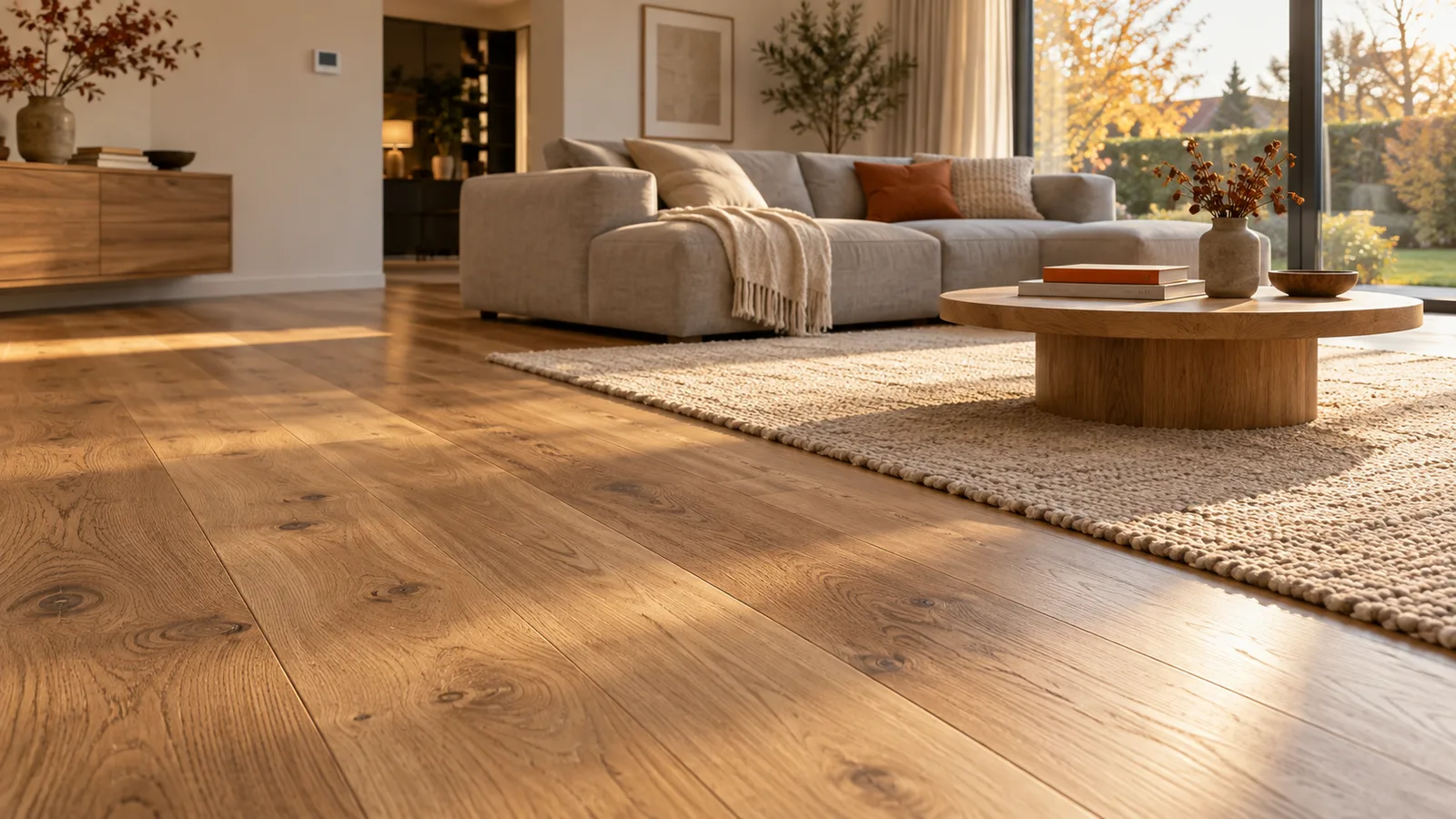 Parquet en chêne à larges lames éclairé par une lumière rasante