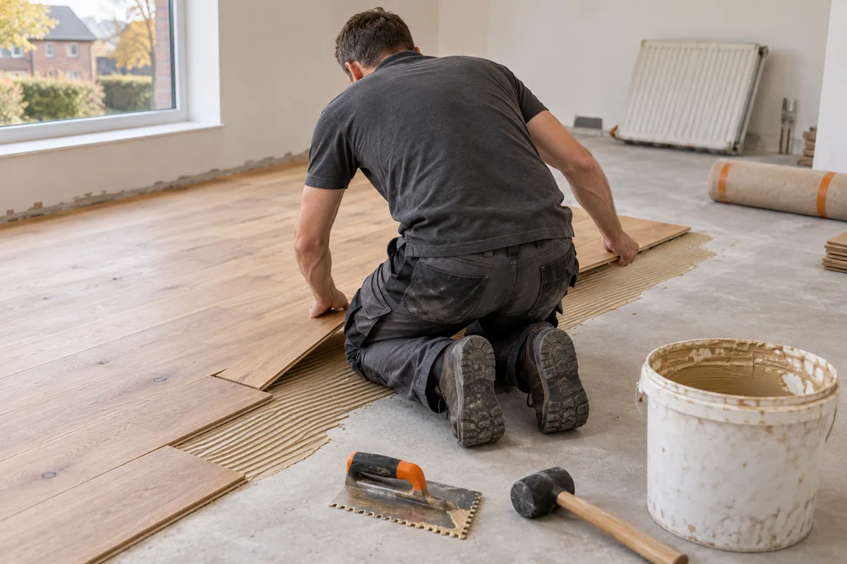 Menuisier emboîtant une lame de parquet collée sur chape