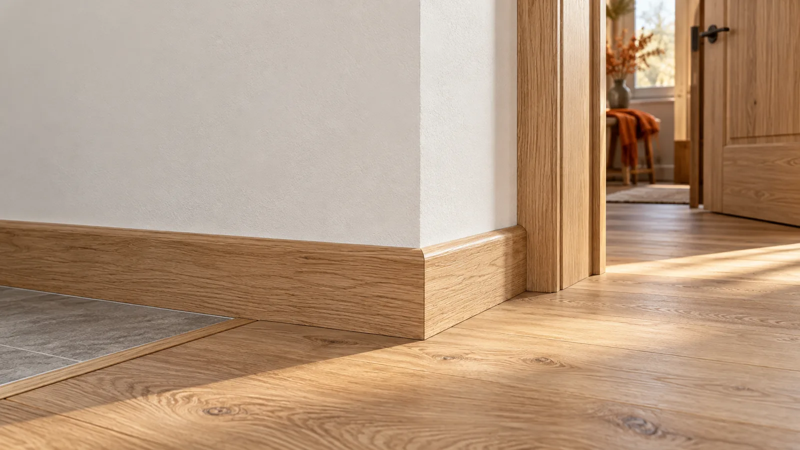 Plinthe en chêne massif ajustée entre parquet clair et mur blanc