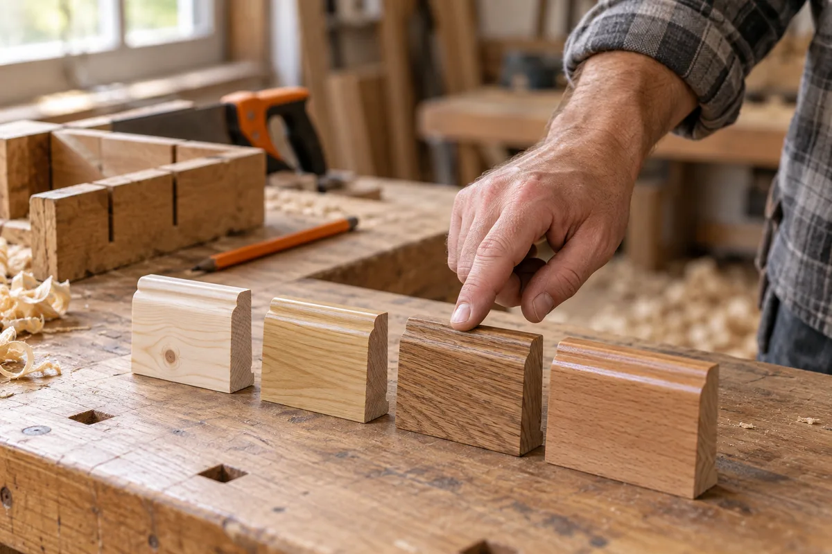 Main désignant des échantillons de plinthes en bois sur un établi