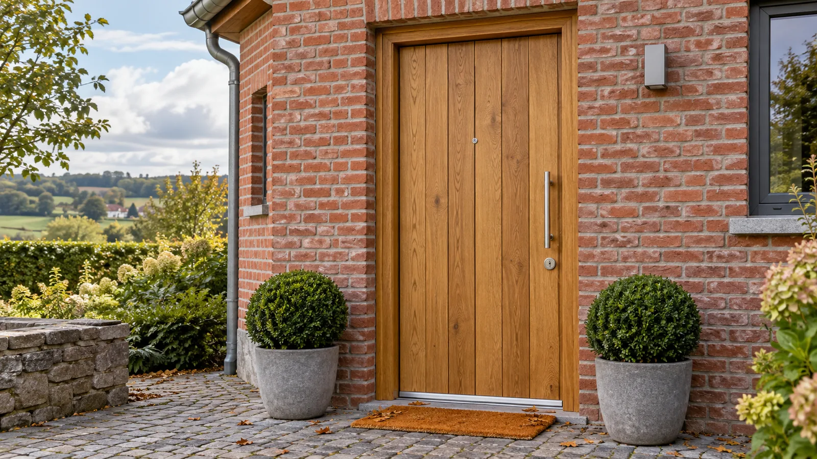 Porte d'entrée en chêne à lames verticales sur façade en briques