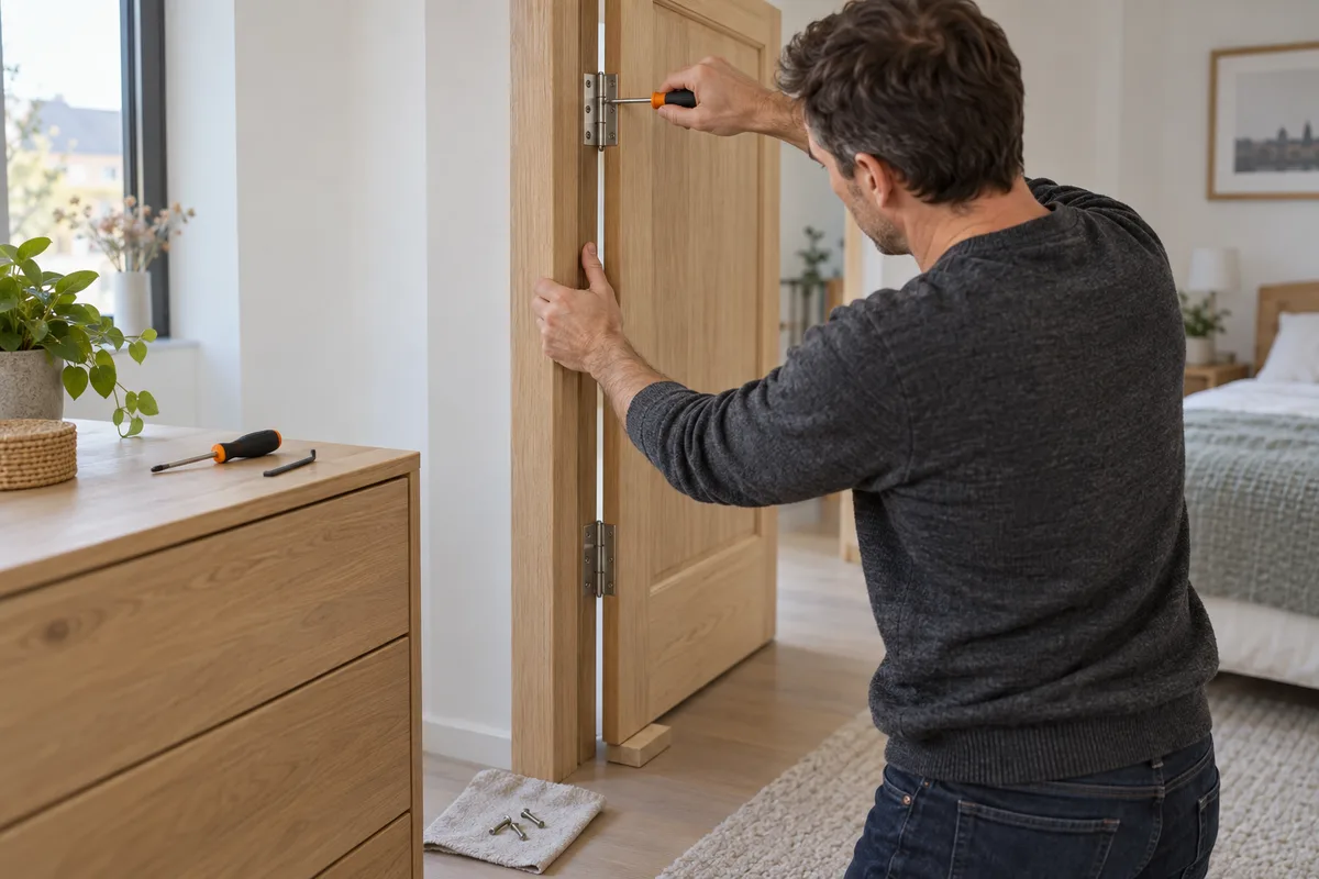 Menuisier revissant la paumelle supérieure d'une porte en bois