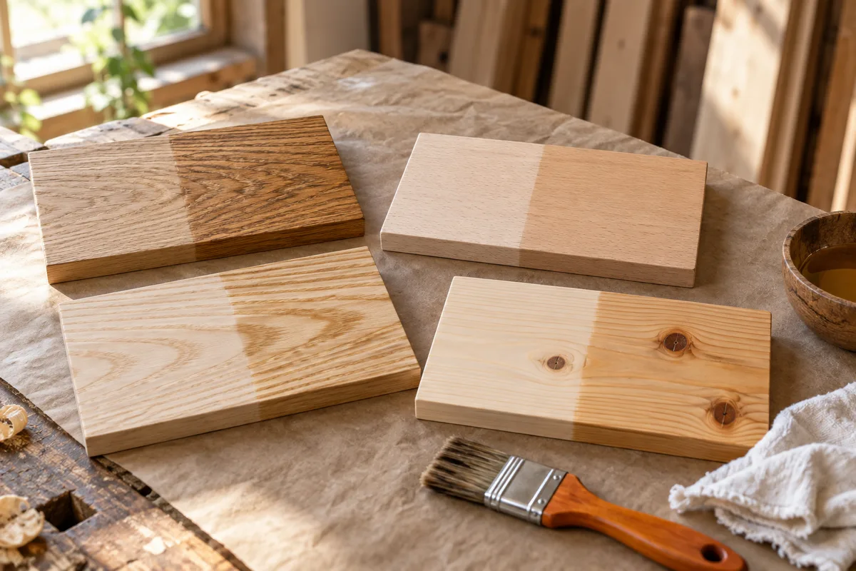 Quatre échantillons d'essences de bois posés sur une table d'atelier