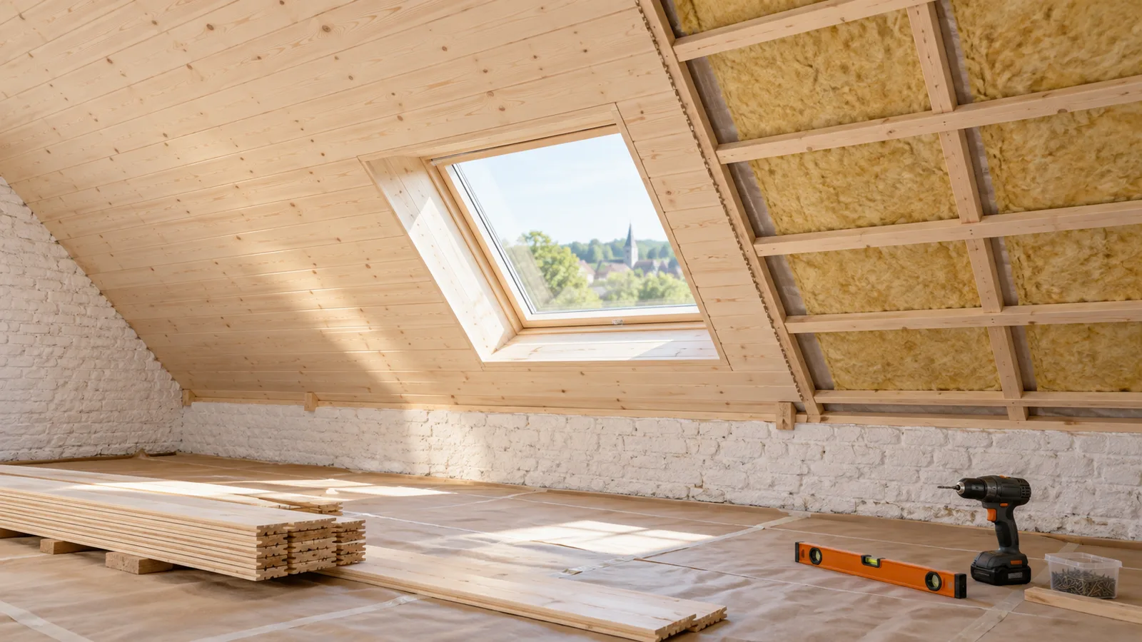 Plafond incliné sous combles habillé de lambris en épicéa clair