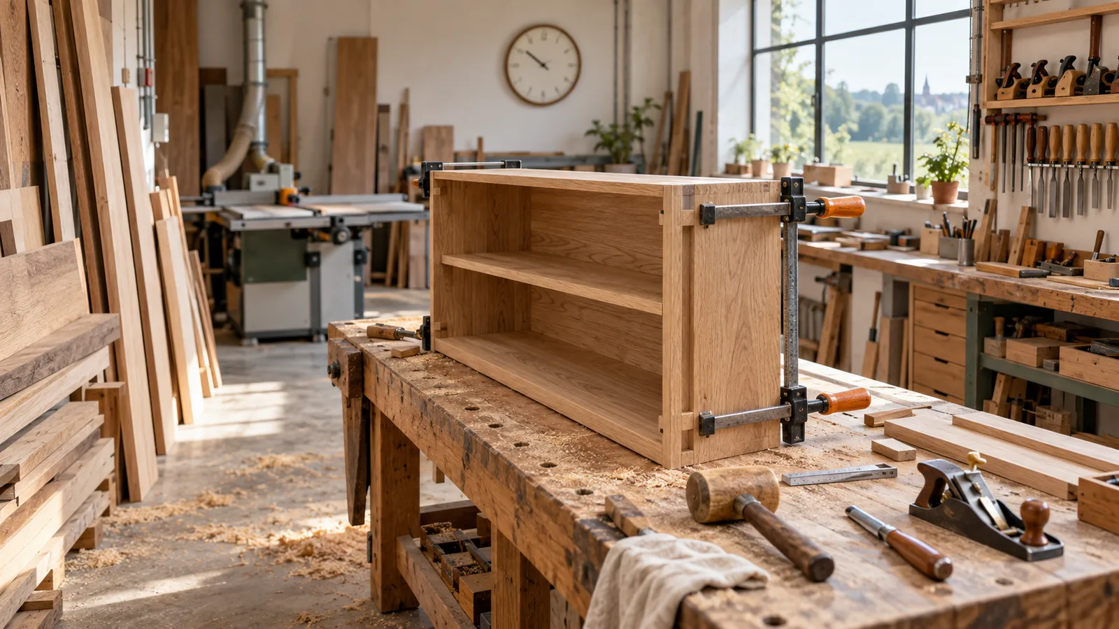 Meuble en chêne maintenu par des serre-joints sur un établi