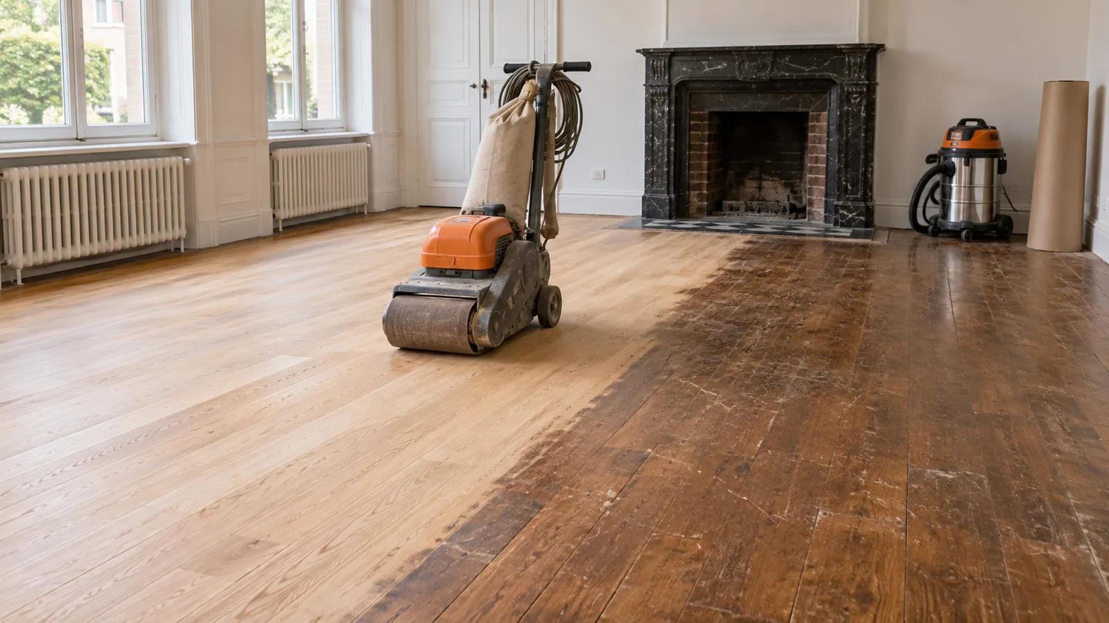 Parquet massif en chêne à moitié poncé dans une pièce vidée