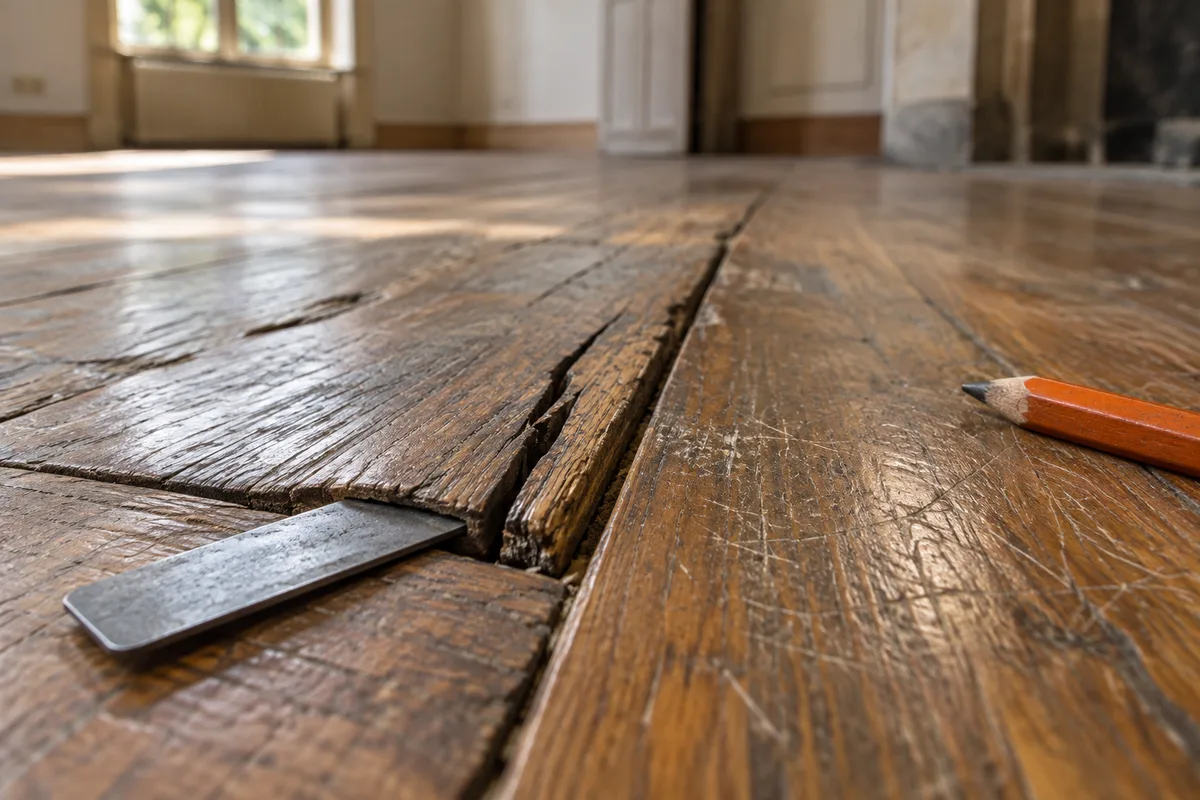 Gros plan sur une lame de parquet fendue et gondolée