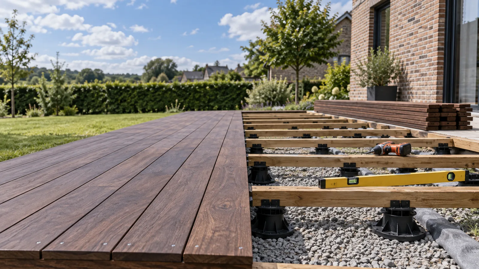 Terrasse en bois en construction avec lames vissées et lambourdes apparentes