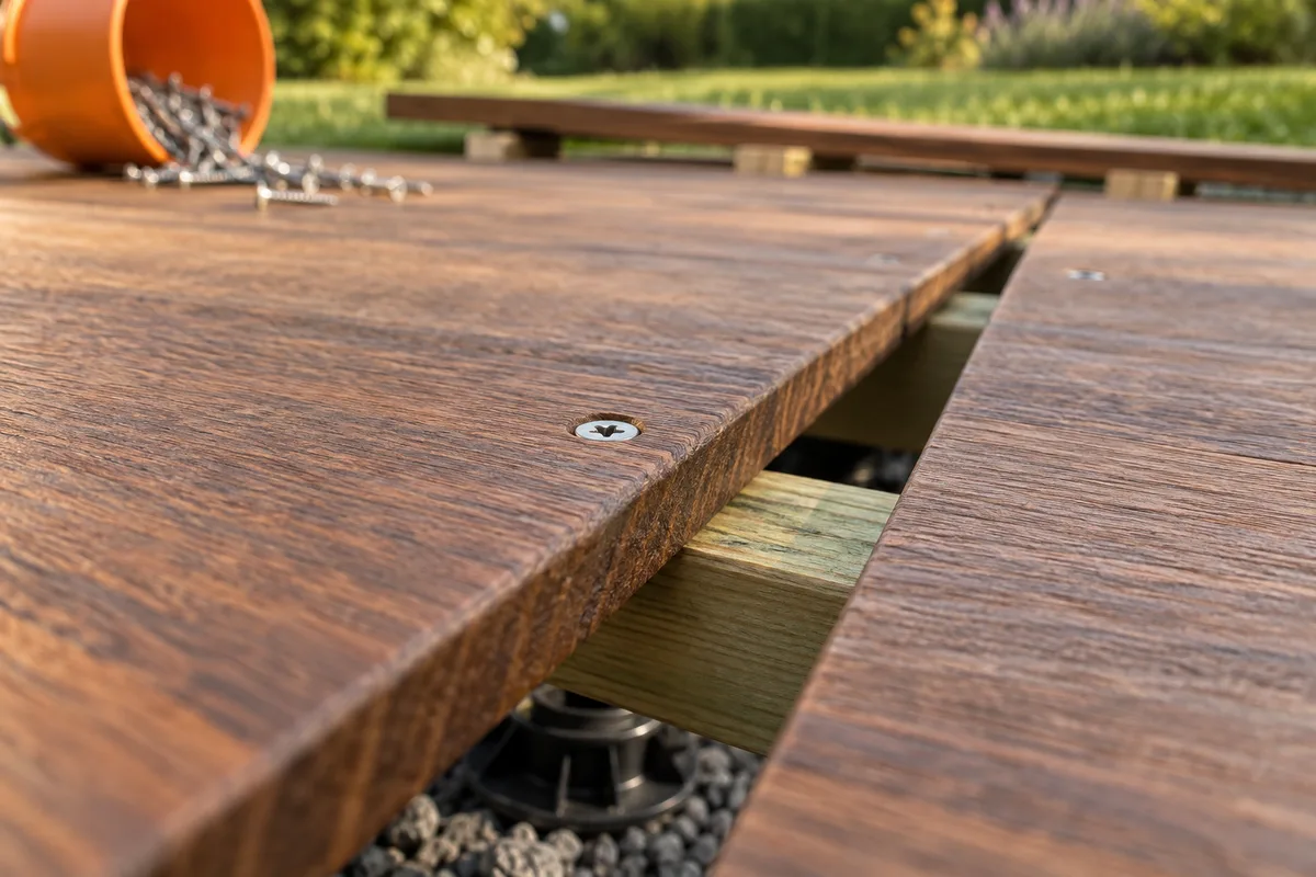 Gros plan sur une vis inox affleurant entre deux lames de terrasse